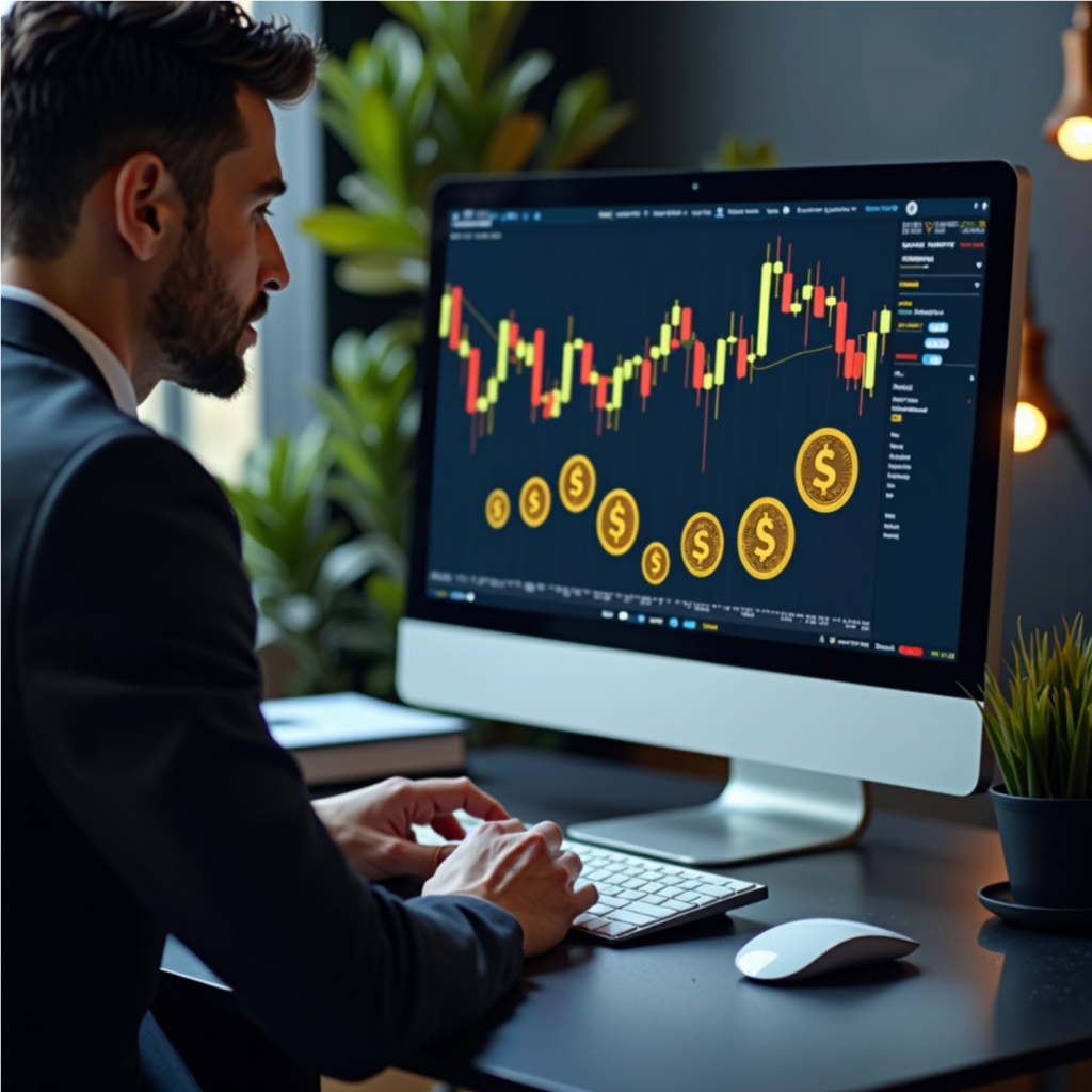 Professional analyzing financial data and investment charts at a computer