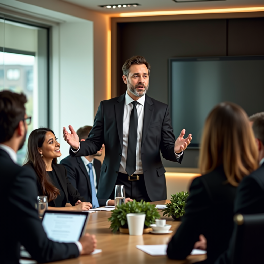 Confident business leader inspiring a professional team in a modern boardroom